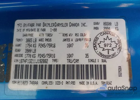 2001 Dodge Ram 1500 St из США, поврежденный, VIN 1B7HF13Z11J192882